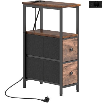 HOMCOM Couchtisch Beistelltisch mit Ladestation, Stahlrahmen, 2 Stoffschublade, offen Fach, 20cm x 40cm x 63cm, Rustikal-Braun