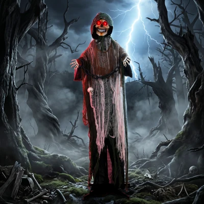 HOMCOM Animierter Sensenmann, 170 cm, lebensgroße Halloween-Animatronic mit beweglichen Händen/Kopf, leuchtenden Augen und Gruselsound