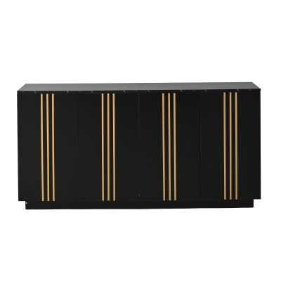 Aparador para sala de estar com 4 portas, elegantes frisos dourados, independente, 35x140x70 cm, Preto