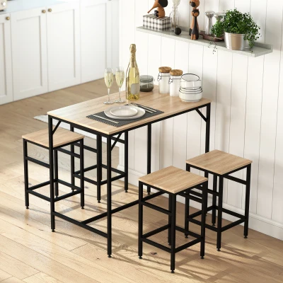 HOMCOM Set Masă de Bar cu Taburete din 5 Piese, Stil Industrial, PAL și Metal, 100 x 60 x 88 cm, Lemn Natural