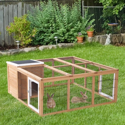 PawHut konijnenhok konijnenhok met ren klein dierenhok dak kan geopend worden waterdicht multifunctioneel dennenhout naturel 123 x 120 x 52 cm