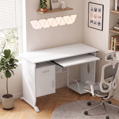 HOMCOM Escritorio para ordenador, 100 x 52 x 75 cm, bandeja deslizante para teclado, cajones y soporte para unidad central, blanco