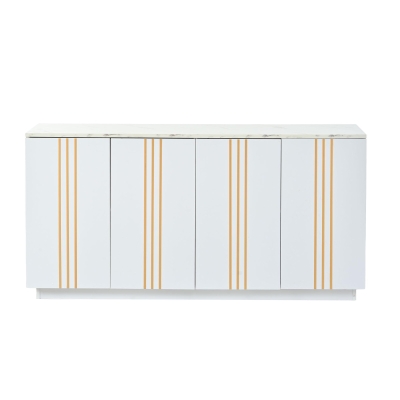 Aparador para sala de estar com 4 portas, elegantes frisos dourados, independente, 35x140x70 cm, Branco