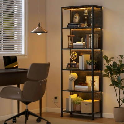 HOMCOM Estante de 5 Níveis com Luzes LED de 7 Cores Estante para Livros Estante de Estilo Industrial 60x30x179 cm Preto