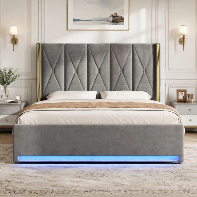 Cama de terciopelo con cabecero acolchado y capitoné, prácticos bolsillos laterales, apta para colchón 180x200 cm, 190x213x141 cm, Gris oscuro
