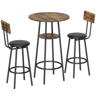 HOMCOM Industrie-Bartisch-Set mit 2 gepolsterten Hockern, Fußstützen, Metallrahmen, Küchentisch mit Ablage, Rustikal Braun
