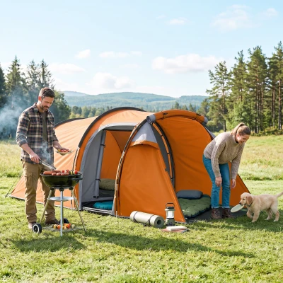 Outsunny Tunnelkampeertent voor 2-3 personen, 2000 mm waterkolom, waterdichte tent met voortent, oranje
