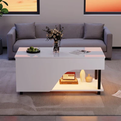 Mesa de centro regulável em altura com arrumação oculta, compartimentos laterais ajustáveis, 50x100x46 cm, Branco