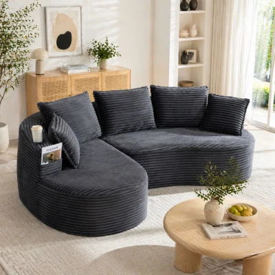 Bogesofa de pana, con portavasos a ambos lados y bolsillo lateral, incluye cojines, 250x152x82 cm, Gris oscuro