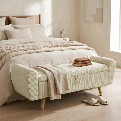 HOMCOM Banco Almacenaje 150 cm Tapizado en Pana Banco Pie de Cama con Brazos Redondeados y Patas de Madera Beige