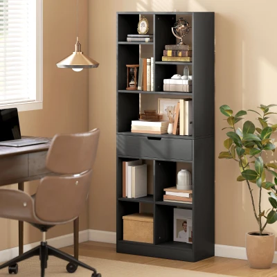 HOMCOM Estante de Madeira Estante para Livros com 1 Gaveta e 9 Compartimentos de Armazenamento 60x26x158 cm Preto