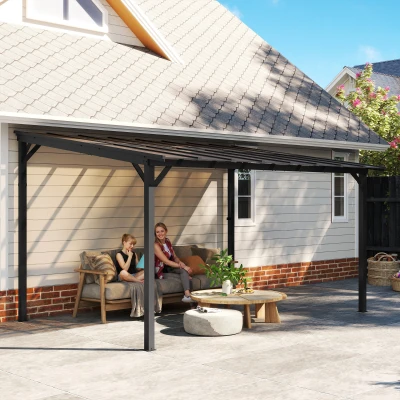 Outsunny Terrasoverkapping ca. 3 x 4,3m vrijstaande terrasoverkapping met hellend polycarbonaat-dak voor wandmontage Donkergrijs