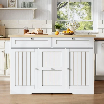 Isla de cocina móvil con encimera abatible, cajones verticales de 2 niveles, ruedas bloqueables 360°, 120x70x92 cm, Blanco
