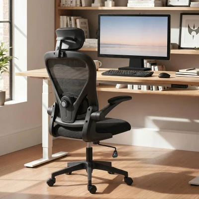 HOMCOM Bürostuhl Ergonomischer Schreibtischstuhl mit Hochklappbaren Armlehnen, Verstellbarer Lendenwirbelstütze Schwarz