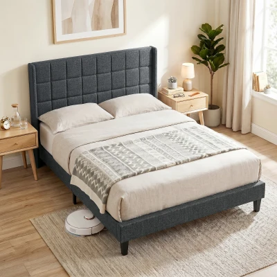 HOMCOM Cama 135x190 cm con Almacenaje Inferior Tapizada y Cabecero Acolchado con Orejas Gris