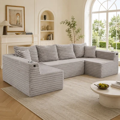 Sofá en U de pana, con portavasos integrado y bolsillo lateral, acolchado con muelles, 320x155x88 cm, Gris claro
