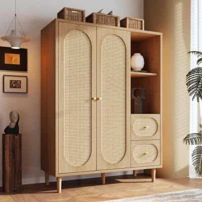 Guarda-roupa estilo rústico, 2 portas, 2 gavetas & prateleiras abertas para muito espaço de arrumação, 120x44x161 cm, Cor natural