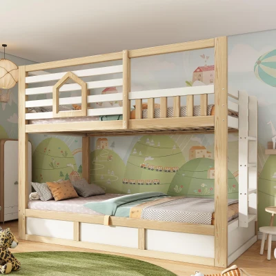 Cama beliche infantil estilo cabana, 2 lugares de dormir de 90×200 cm cada, sem colchão, 210x102x184 cm, Cor natural