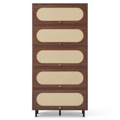 Aparador com 5 portas basculantes, muito espaço de arrumação e frente em rattan, 80x40x163 cm, Cor natural