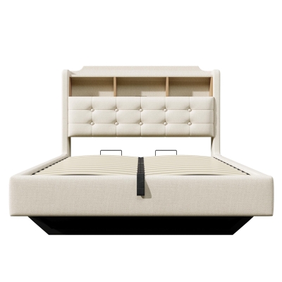 Letto imbottito sospeso con spazio contenitore, Beige