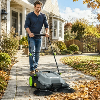 Outsunny ehrmaschine manuell mit 68 cm Kehrbreite, 24 L Schmutzbehälter, Höhenverstellbar klappbar Griff 3-Bürsten-Kehrsystem