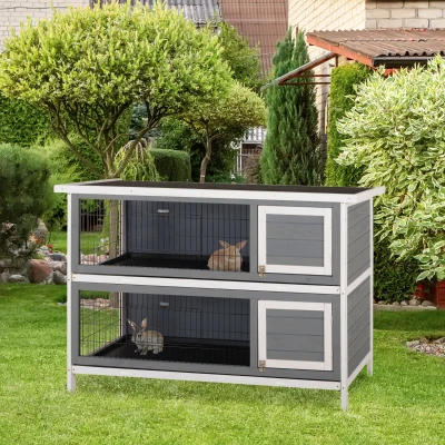 PawHut Kleintierstall für Meerschweinchen und Zwergkaninchen, doppelstöckig, Holz, Grau