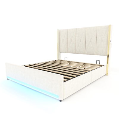 Cama de terciopelo con cabecero acolchado y capitoné, prácticos bolsillos laterales, apta para colchón 180x200 cm, 190x213x141 cm, Beige