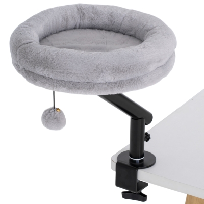 PawHut Lit de Bureau Chat 360° Rotatif Hauteur Réglable Gris