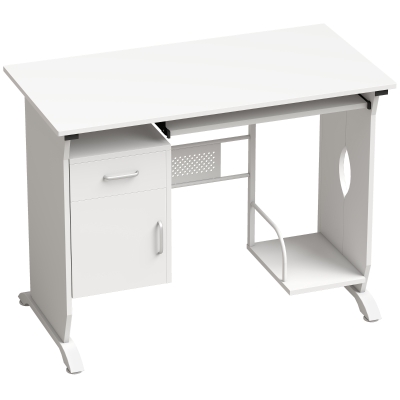 HOMCOM Escritorio para ordenador, 100 x 52 x 75 cm, bandeja deslizante para teclado, cajones y soporte para unidad central, blanco