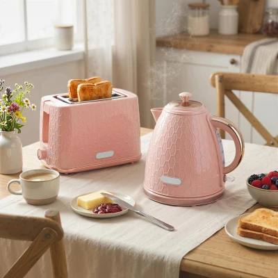 HOMCOM Waterkoker- en Toaster-Set, 1,7L 2200W Snelkook-Waterkoker met Automatische Uitschakeling en 2-Sneetjes Toaster met Kruimellade, Roze
