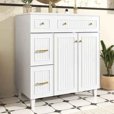 Mueble de baño independiente con lavabo de cerámica, patas de madera maciza de pino y tiradores metálicos, 81,7x46,8x90 cm, Blanco