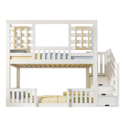Cama de beliche estilo cabana, escada com armário e arrumação, 2 áreas de dormir de 90X200 cm cada, 254x95x170 cm, Branco