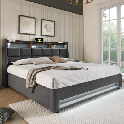 Cama tapizada 140x200 cm con colchón, sistema de elevación con pistón de gas y espacio de almacenamiento, somier de lamas metálico y cabecero acolchado de lino, 210x145x117 cm, Gris