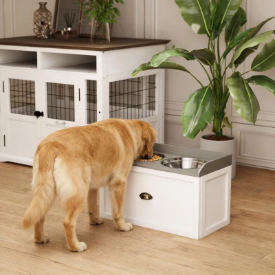 PawHut Gamelle Double Surélevée Tiroir Acier MDF Gris
