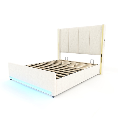 Cama de terciopelo con cabecero acolchado y capitoné, prácticos bolsillos laterales, para colchón 160L x 200AN cm, 170x213x141 cm, Beige