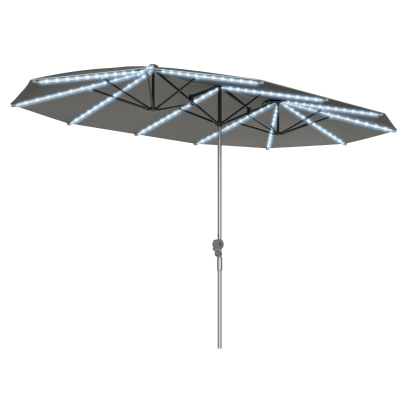 Outsunny Dubbele parasol met zonne-lichtjes, aluminium, polyester, UPF50+ bescherming, UV-bestendig, terrasparasol, donkergrijs