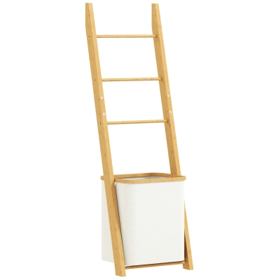 HOMCOM Badregal, 2-in-1 Badezimmerregal mit 3 Stangen, abnehmbarer 48L-Wäschekorb, Bambus, 43 x 35 x 133 cm, Cremeweiß
