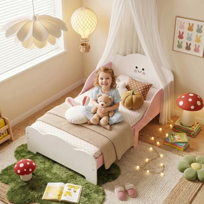 AIYAPLAY Cama Infantil 70x140 cm Montessori con Barandillas Altas Tema Algodón de Azúcar para Niños y Niñas de 3-6 Años Rosa
