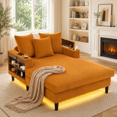 Chaiselongue en velours côtelé multifonctionnelle, Jaune moutarde