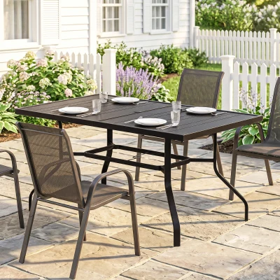 Outsunny Gartentisch 152x90 cm, Wetterfest Balkontisch aus Stahl, Beistelltisch mit Schirmloch, Latten-Design Schwarz