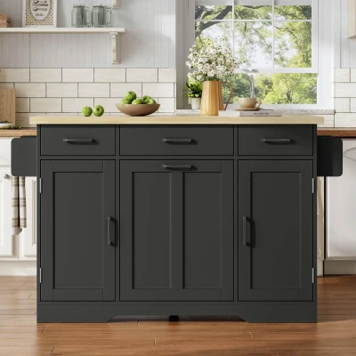 Ilha de cozinha móvel com tampo rebatível, rodízios com travão 360°, para 2–4 pessoas, 120x70x87 cm, Preto