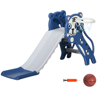AIYAPLAY 3-in-1 kinderglijbaan met klimrek en basketbalring, cartoonontwerp voor kinderen van 18-36 maanden, blauw