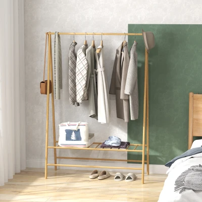 HOMCOM Bamboe Kledingrek met Schoenenrek en Haken, Vrijstaand, voor Entree, Slaapkamer, Natuurlijk Hout