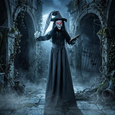 HOMCOM 180 cm Halloween Animierte Hexe Dekoration Lebensgroß mit leuchtenden Augen, Gruseliger Sound, Berührungsaktivierung