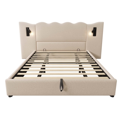 Letto matrimoniale con lampada da lettura orientabile, Beige