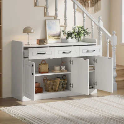 Aparador com muito espaço de arrumação, 3 gavetas e 3 portas com prateleiras ajustáveis, frente das portas com riscas, 120x35x80 cm, Branco