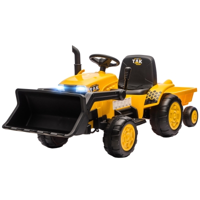 AIYAPLAY Tractor Eléctrico para Niños con Remolque Desmontable y Pala Batería 12V Motor Doble Control Remoto 2,4G Luces Música