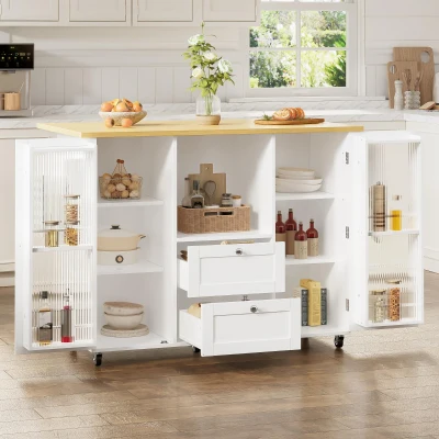 Isla de cocina sobre ruedas con encimera abatible, protección antivuelco y ruedas con bloqueo 360°, 120x70x92 cm, Blanco