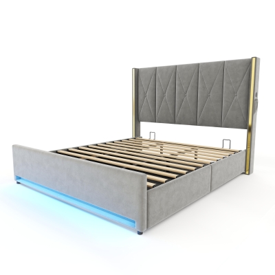 Cama de terciopelo con cabecero acolchado y capitoné, prácticos bolsillos laterales, apta para colchón 180x200 cm, 190x213x141 cm, Gris oscuro