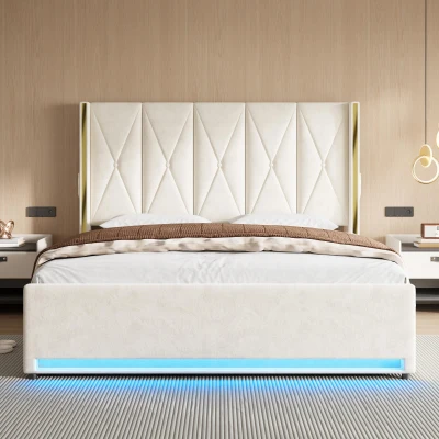 Cama de terciopelo con cabecero acolchado y capitoné, prácticos bolsillos laterales, apta para colchón 180x200 cm, 190x213x141 cm, Beige
